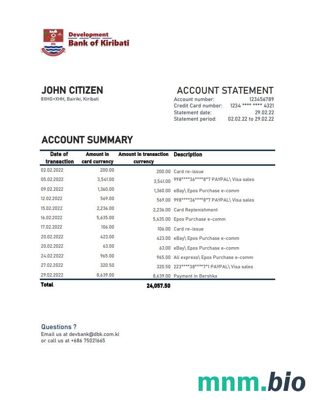 Szablon wyciągu bankowego Kiribati ANZ w programie Word i PDF